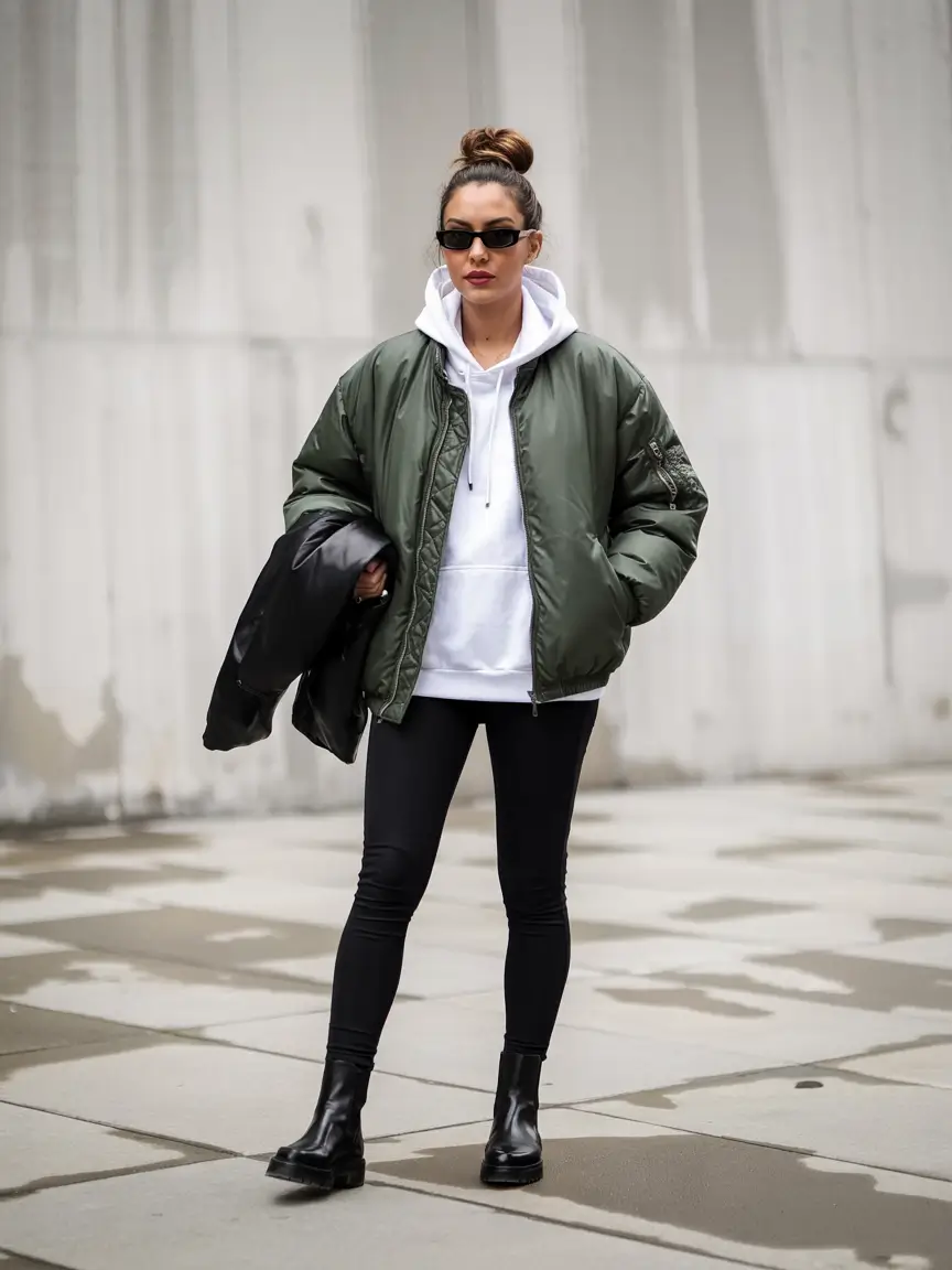 winter outfits inspiration street style Urban Bomber with Minimalist Layers