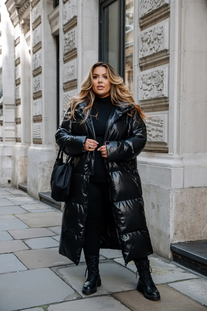 plus size winter outfits cold weather Shiny Black Puffer and Streetwise Confidence