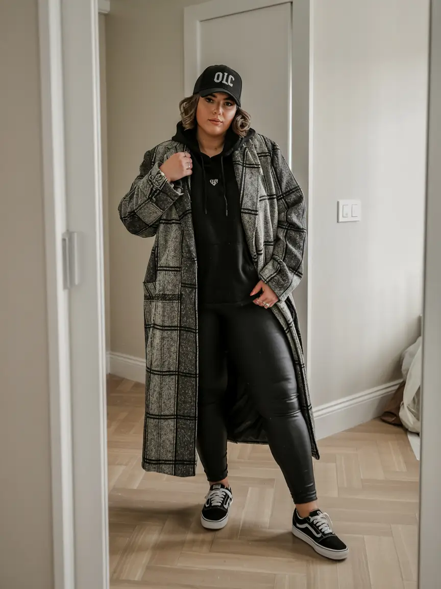plus size winter outfits Grunge Check Longline Coat