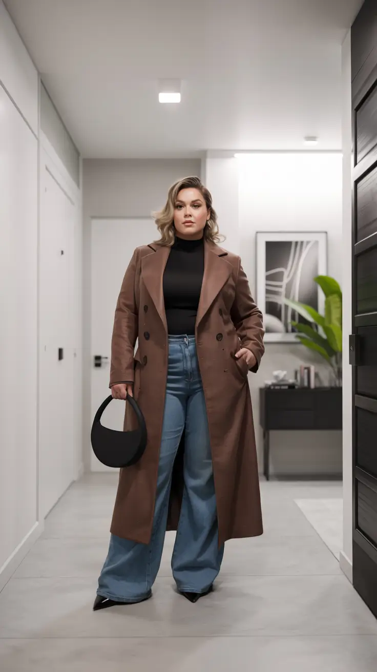 plus size winter outfits 2025 Structured Browns with Denim Power