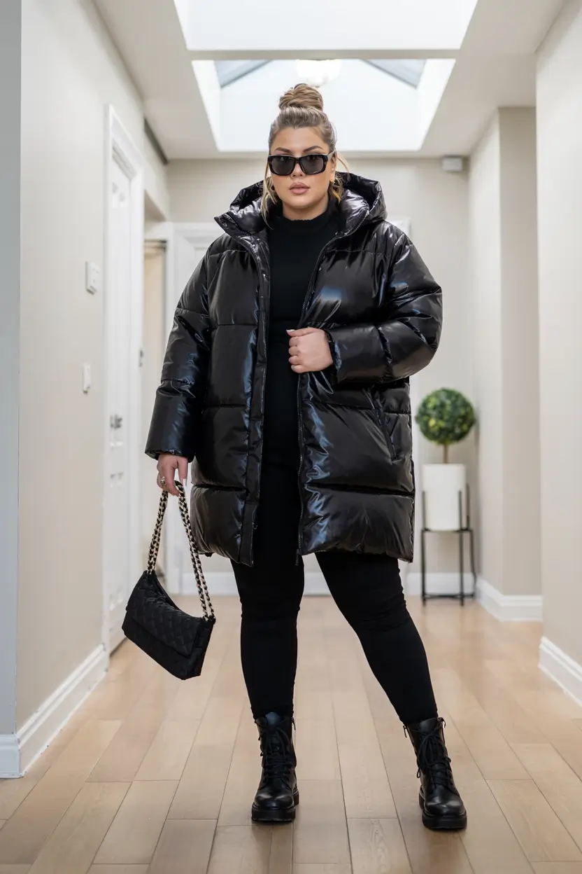 plus size winter outfits All-Black Glossy Elegance