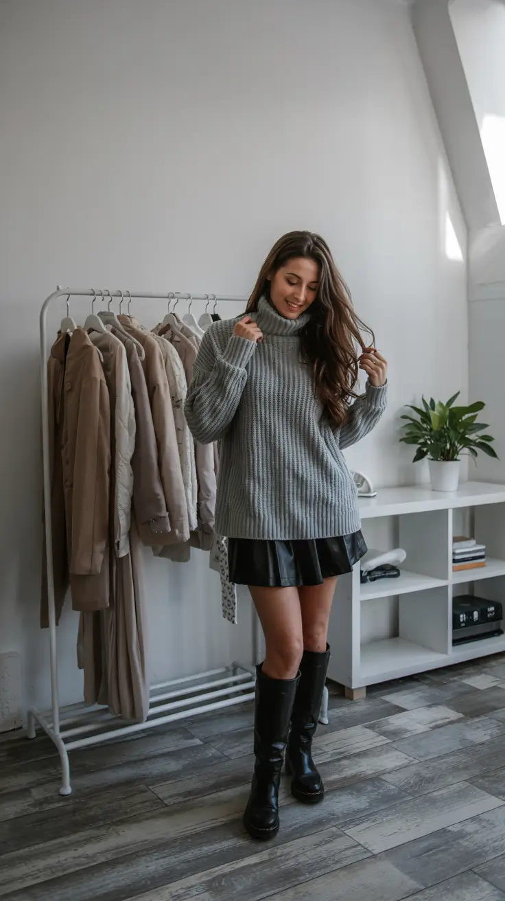 winter outfits aesthetic 2025 cozy knit and mini skirt twist
