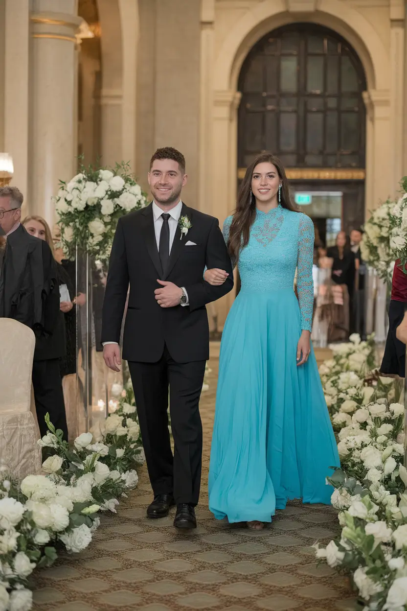 A Candlelit Aisle of Sky-Blue Moment Sky blue may not be your first color to think of when you think of fall, but trust me, it should be. This long lace and chiffon dress borrows the calm of spring and gives it a surprisingly beautiful space in a fall party. The sleeves are long, covering and elegant, whereas the high neckline and bodice ornamentation make it formal, but not stale. The texture contrast is also notable here as delicate lace is paired with airy flowing pleats, this dress makes the right note in a transitional season. It's formal without being fussy. It is worn with statement drop earrings and natural hair styling, which leaves all the focus where it belongs: on the silhouette and that calm color. I am personally fond of a fall wedding that breaks the conventional color scheme. When it is executed well, softer colors such as this are visual accents in a sea of burgundy and emerald. This kind of dress makes you feel like the center of the storm of a large party - solid, easy, and quietly glowing. What would I append? Maybe a slightly jeweled belt for some waist definition if you're feeling bold. Otherwise, this is a masterclass of what little elegance can achieve.
