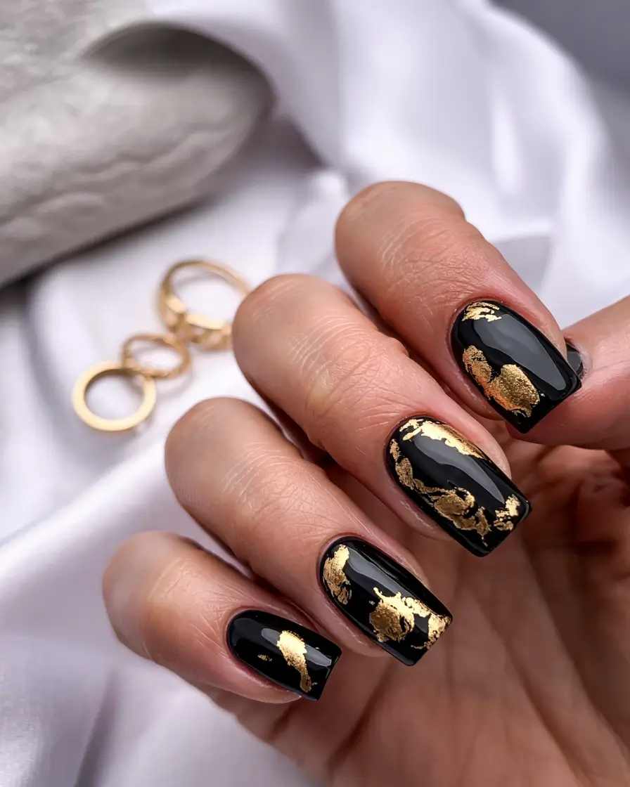 winter-nails-colors-Black-Canvas-With-Golden-Foil