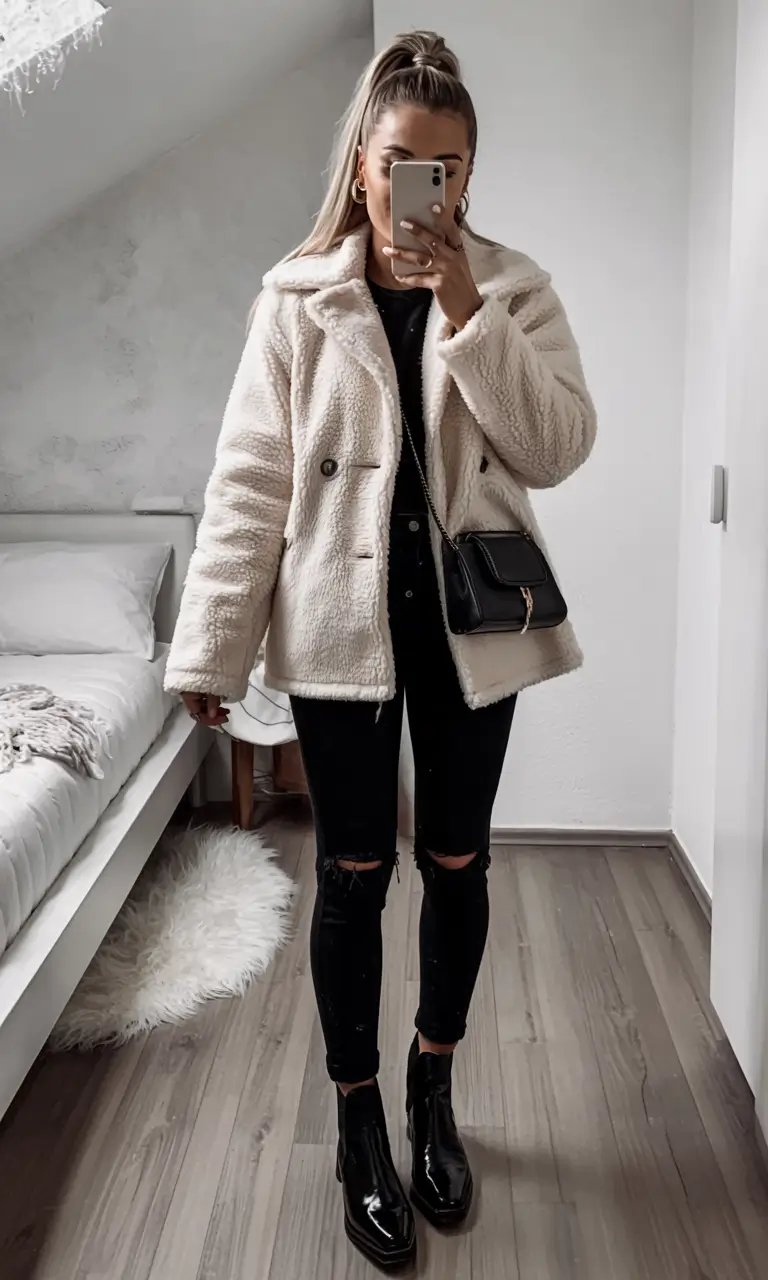 casual winter outfits for women Cozy Contrast with a Teddy Jacket
