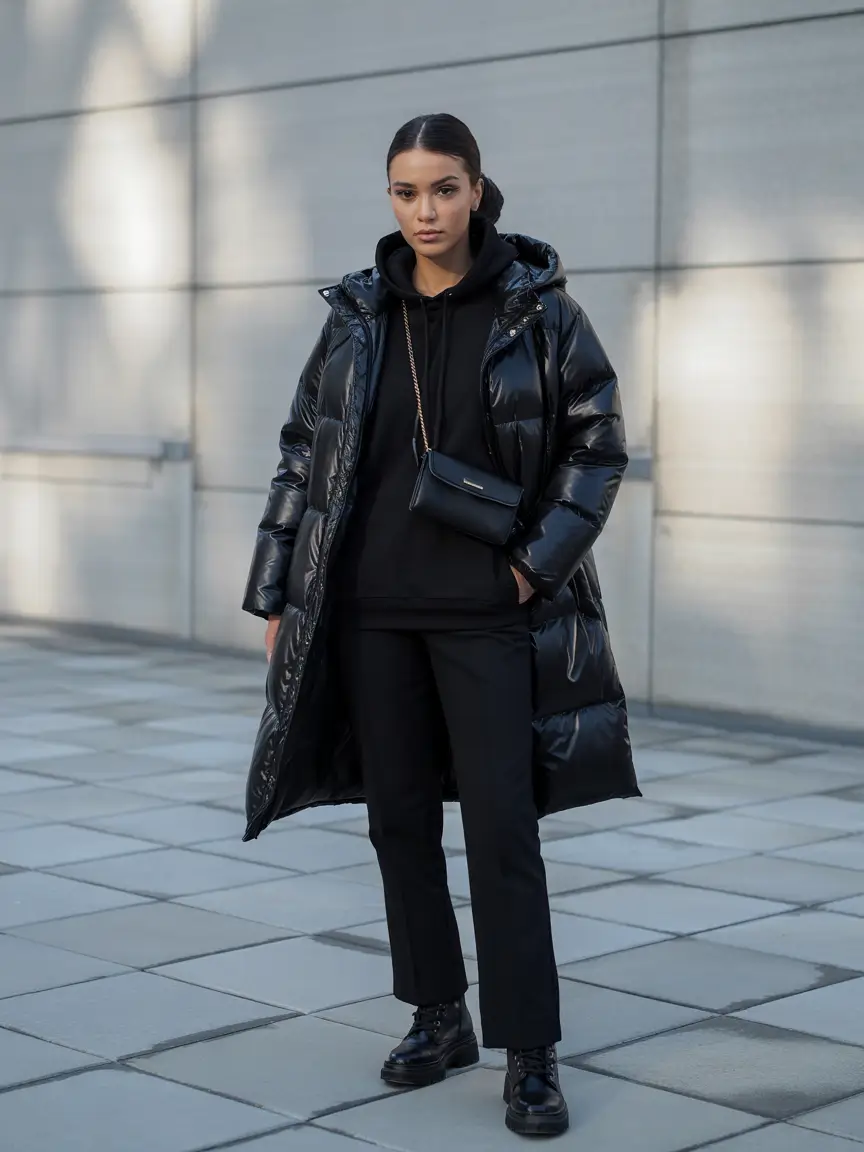 casual winter outfits for women Polished Monochrome in Glossy Textures