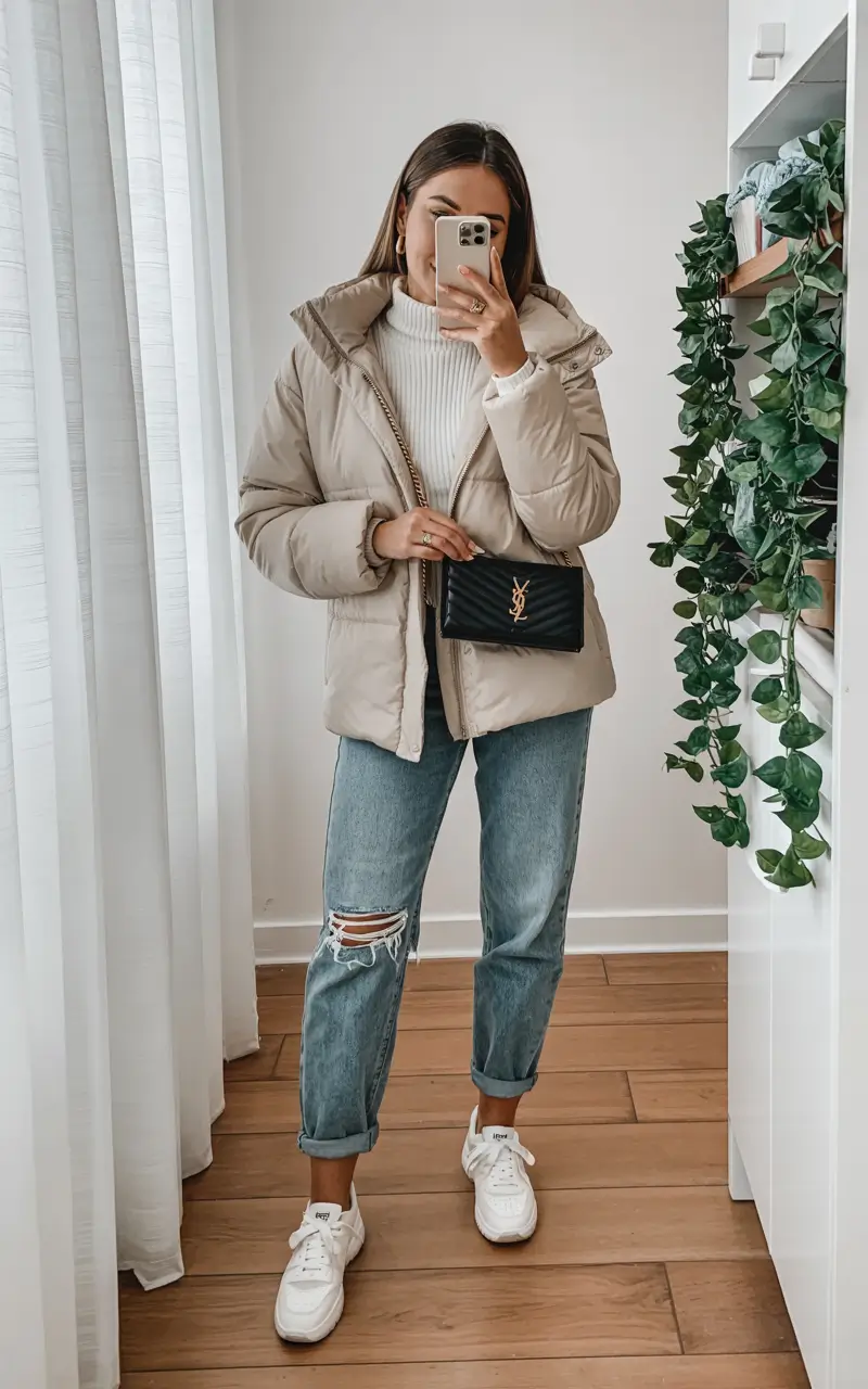 casual winter outfits for women Relaxed Neutrals with a Denim Twist