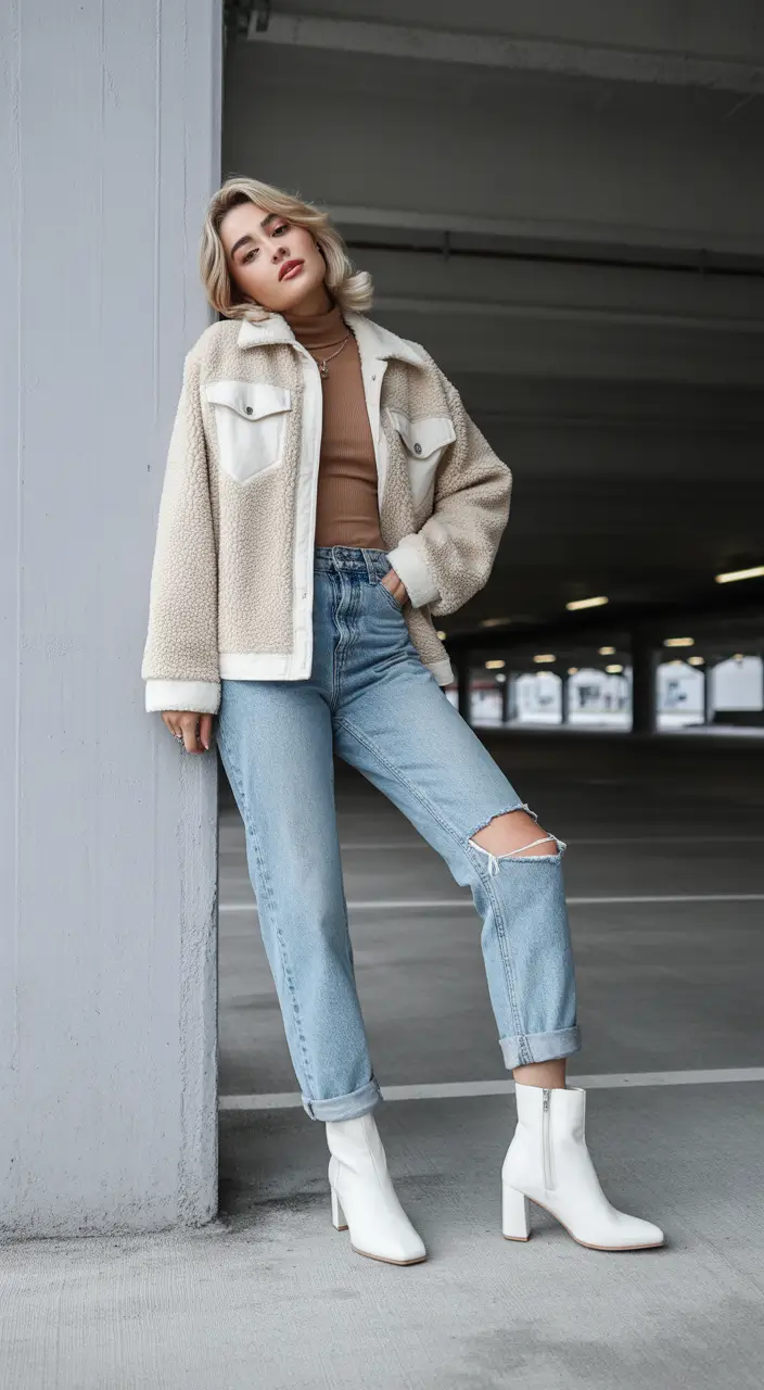 early winter outfits Retro Denim with Modern Warmth