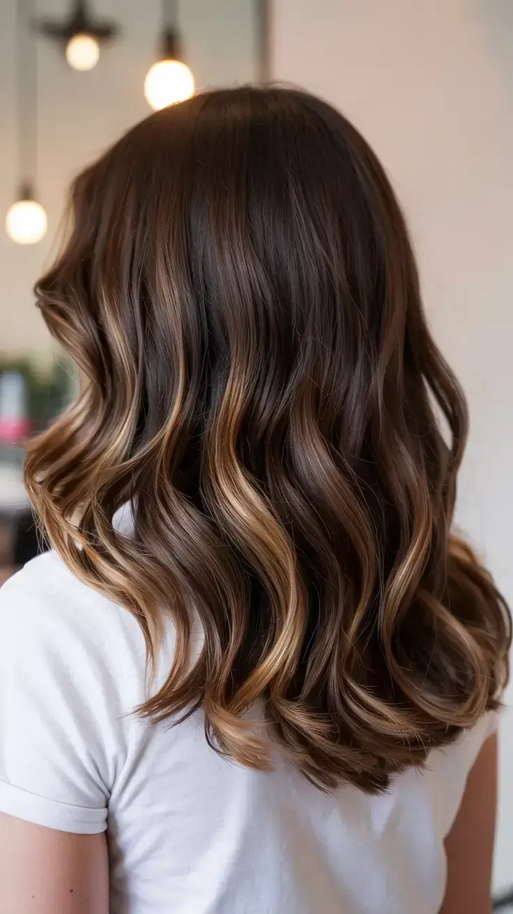 fall and winter hair colors 2025 Soft Brunette with Honey Ribbons