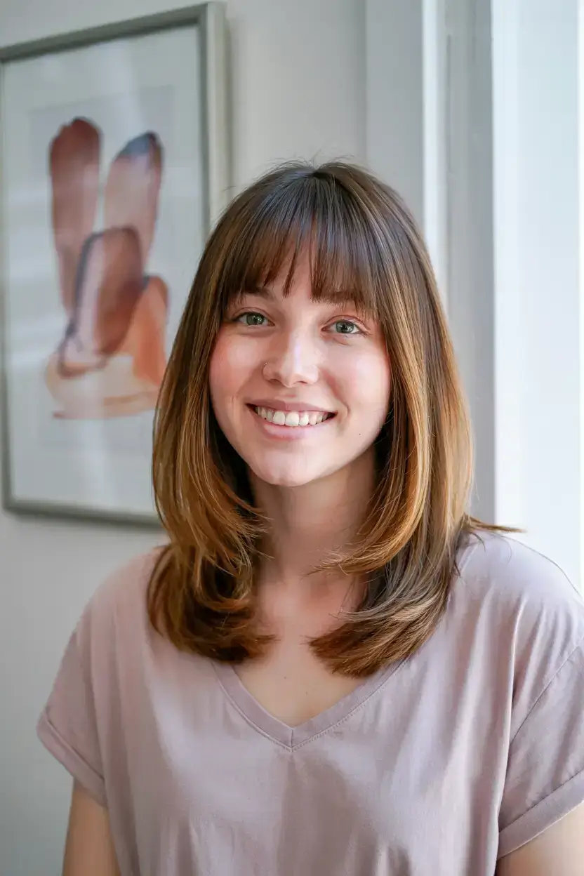 fall and winter hair colors 2025 Layered Brunette with Fringe