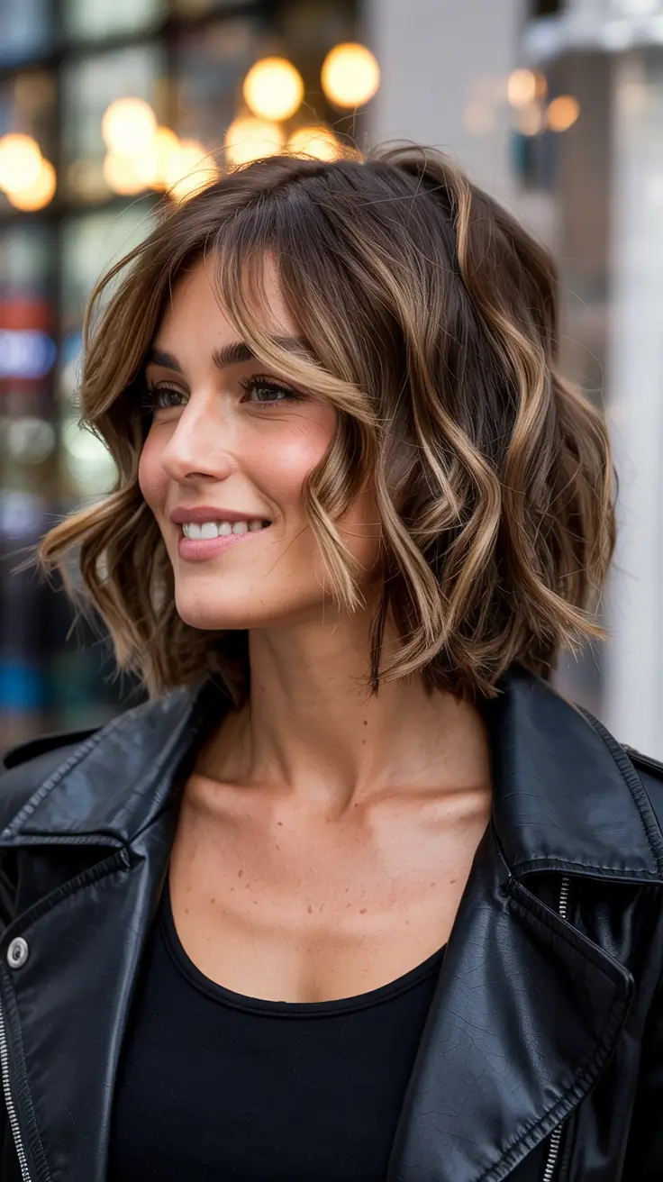 fall haircuts 2025 medium round face Textured Brunette Bob with Soft Waves