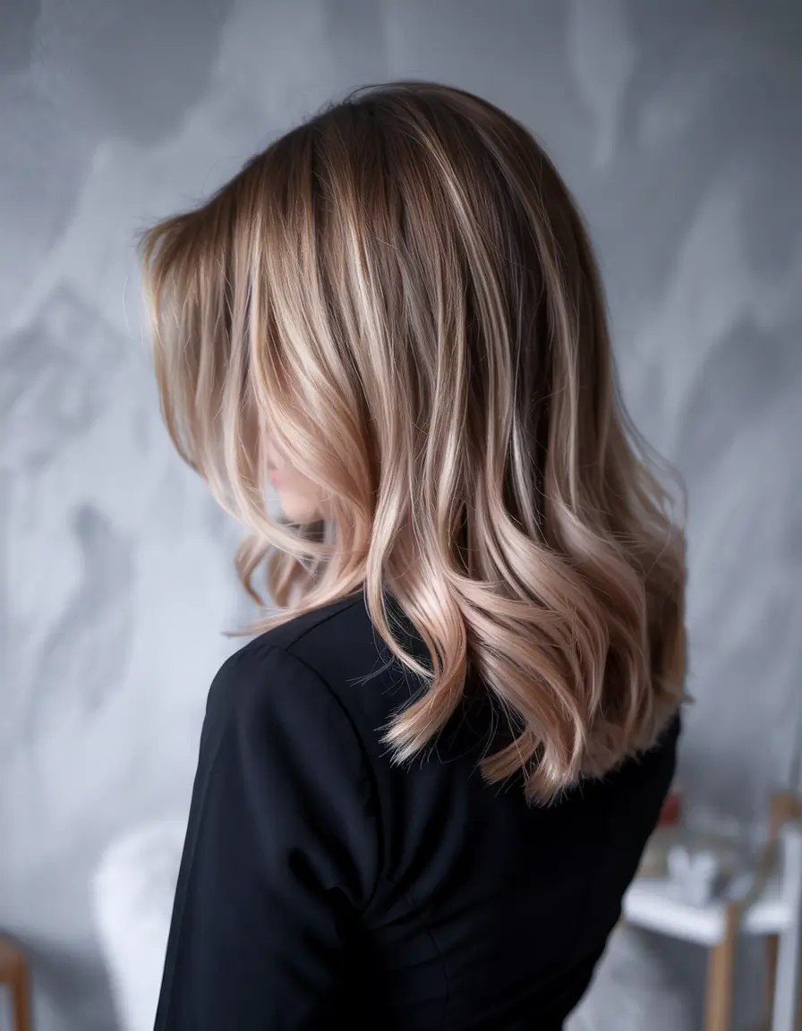 winter haircuts 2025 long Soft Rose-Blonde Waves with Subtle Dimension