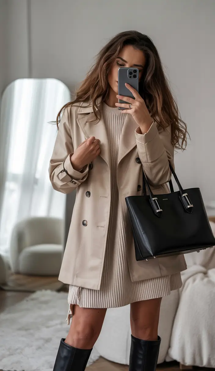 fall winter outfits Trench Layers with Knit Dress
