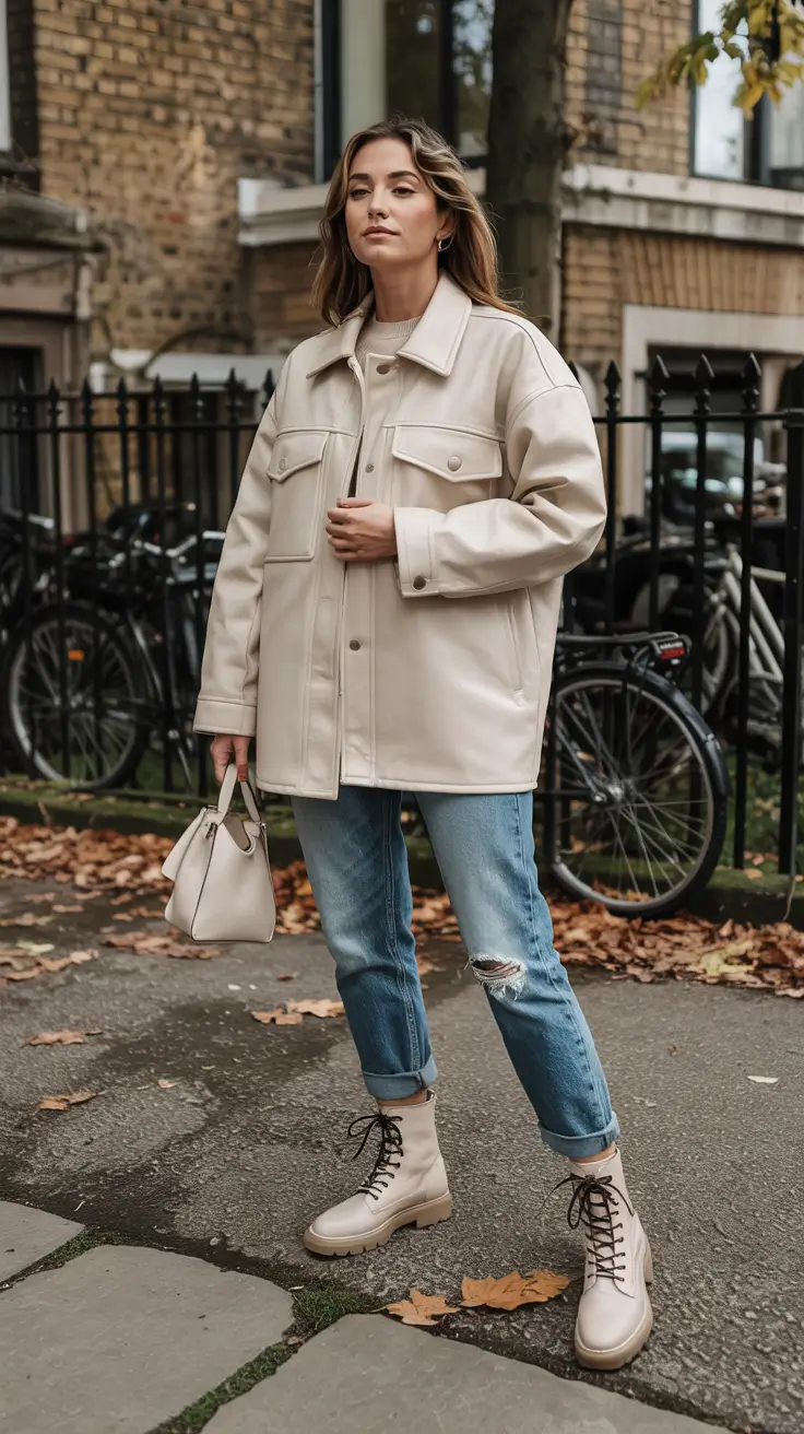 fall winter outfits Creamy Oversized Jacket with Denim