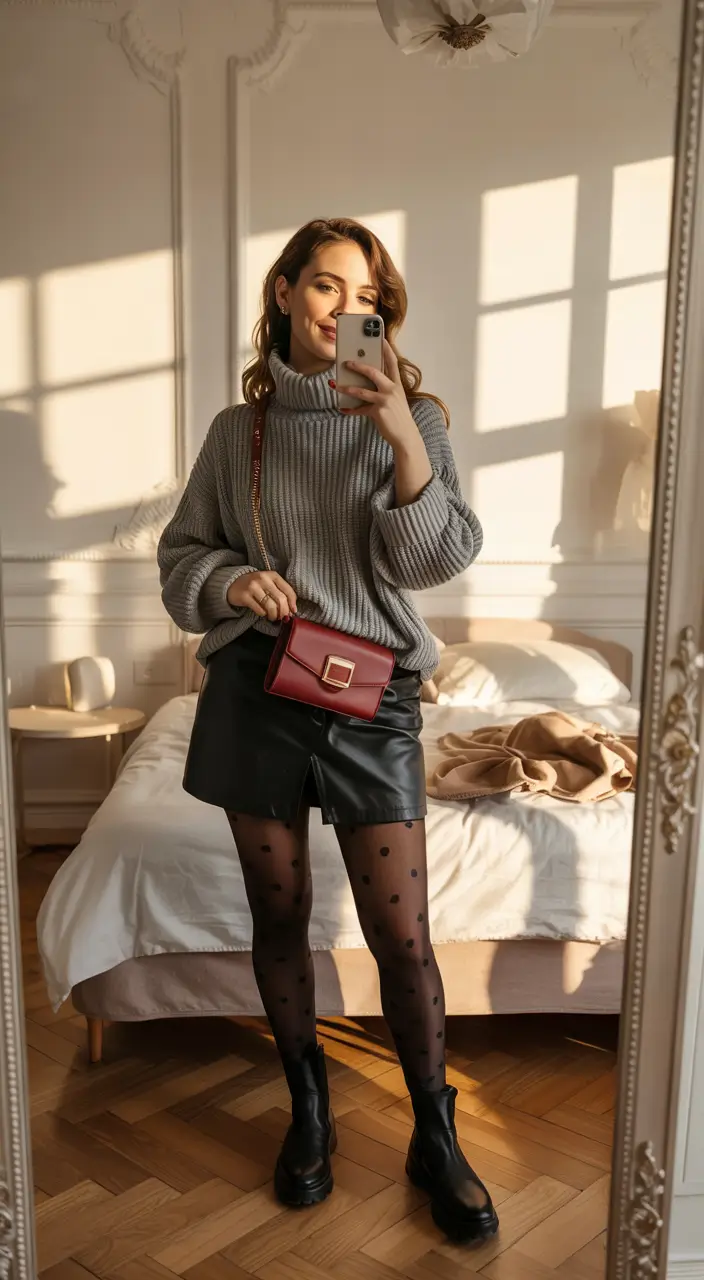 fall winter outfits 2025 Playful Leather & Cozy Knit