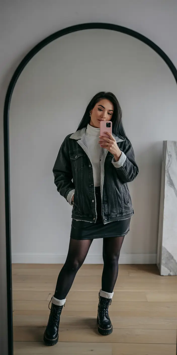 fall winter outfits Shearling Denim Jacket with Leather Mini