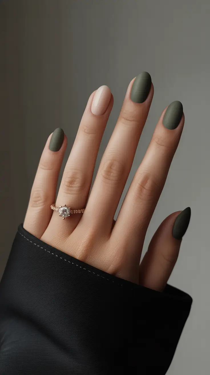 fall winter nails 2025/2026 Matte Olive Elegance with Almond Shape