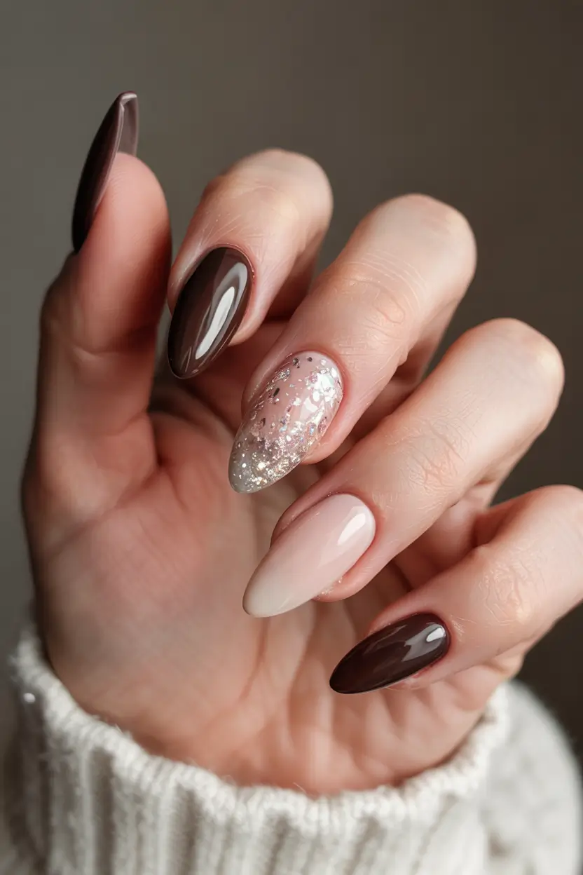 fall winter nails 2025/2026 Mocha and Glitter Almond Mix
