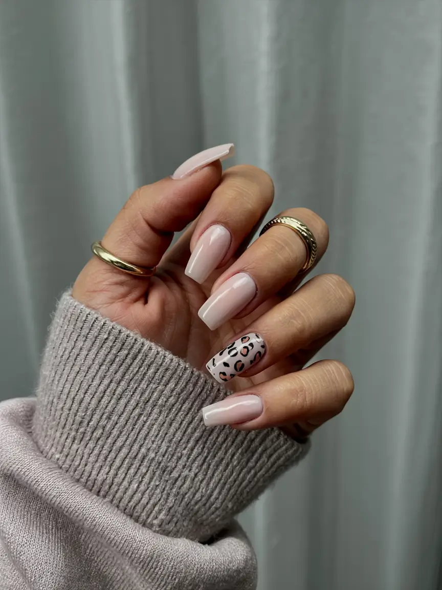 fall winter nails 2025/2026 Blush Pink with Animal Print Accent
