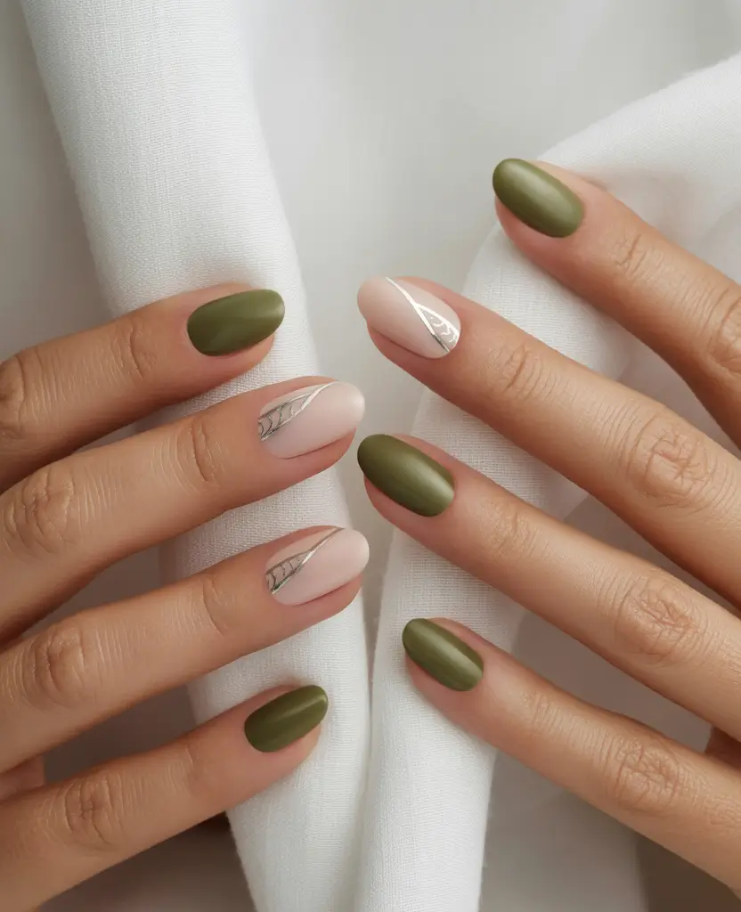 fall winter nails 2025 Earthy Contrast with Olive Green
