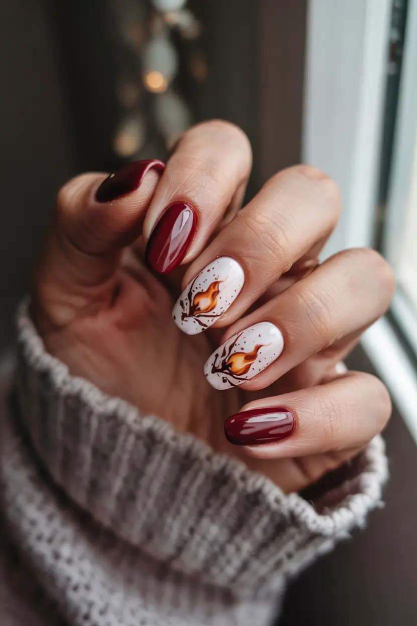fall winter nails 2025/2026 Deep Red Drama with Autumn Art