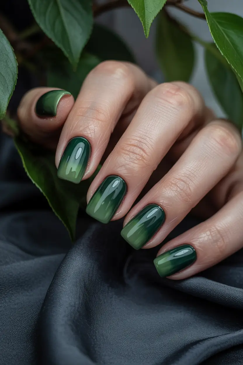 fall winter nails 2025/2026 Forest Green Ombre with Glossy Finish