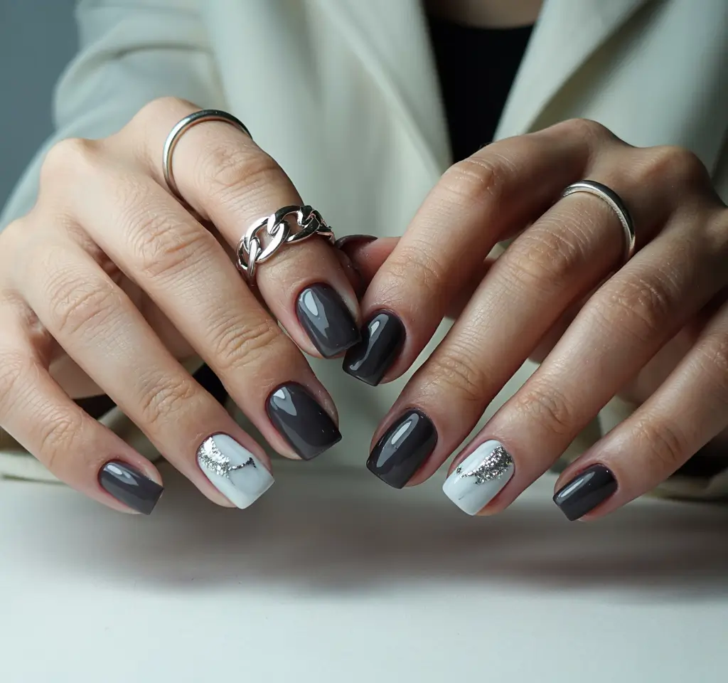 fall winter nails 2025/2026 Smoky Charcoal with Metallic Accent