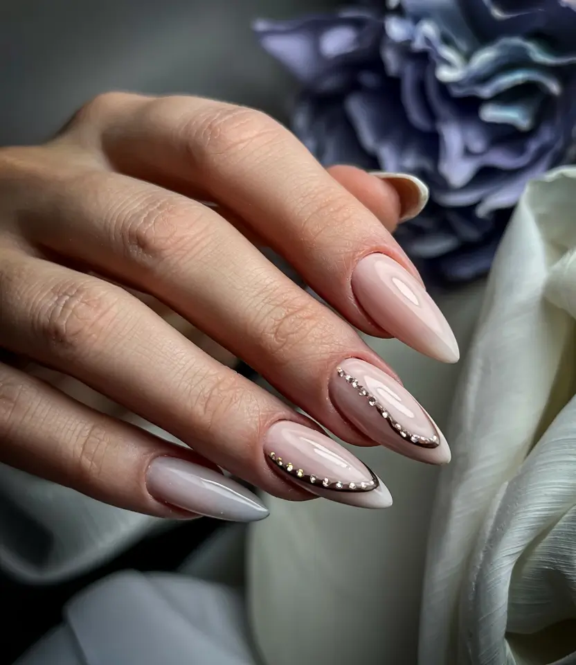 fall winter nails 2025/2026 Almond Neutrals with Crystal Detailing