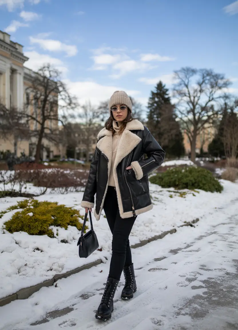 winter-outfits-for-work-Shearling-Coat-with-Combat-Boots