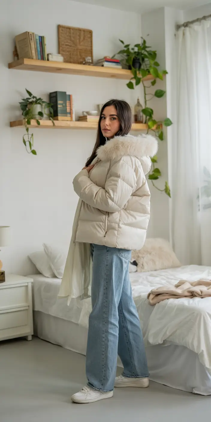cozy-winter-outfits-2025-women-Ivory-Puffer-with-Wide-Leg-Denim