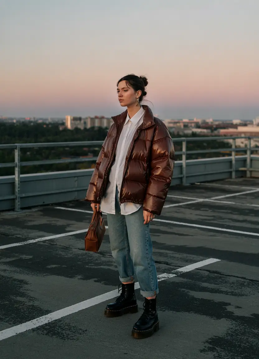 puffer jacket outfit Glossy Brown Edge