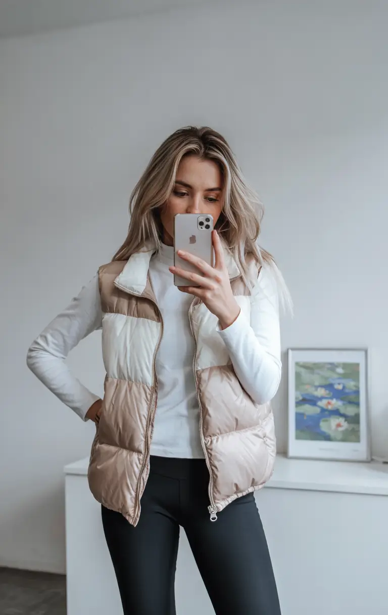 puffer jacket outfit Beige-and-White Vest Layers