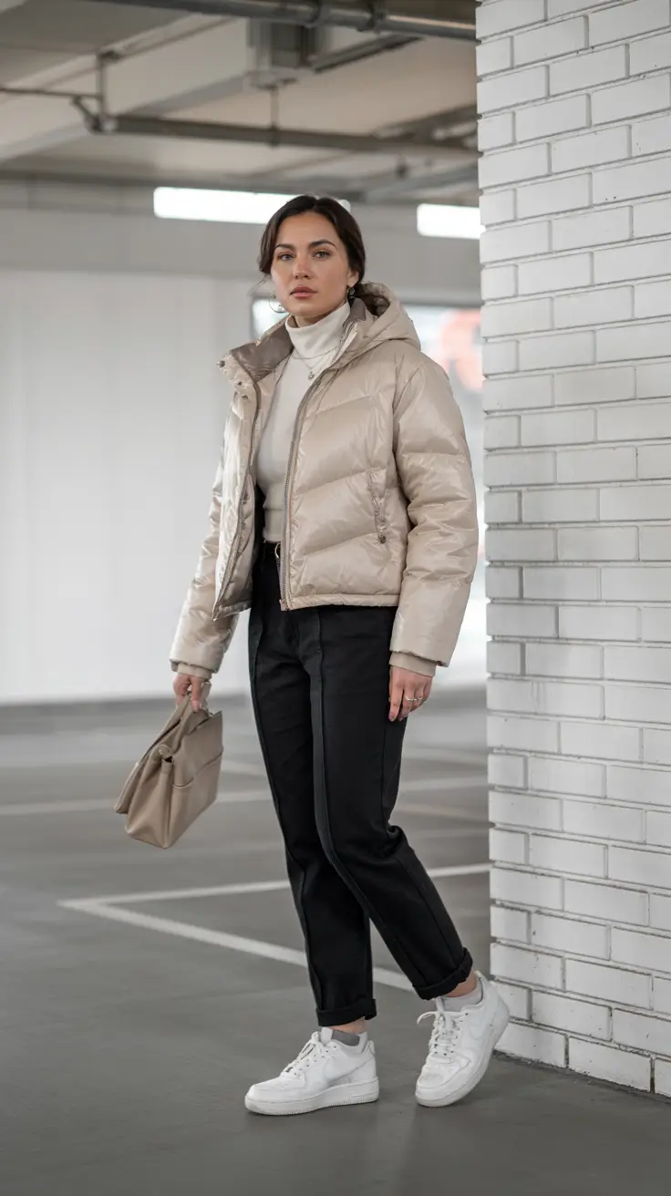 puffer jacket outfit Tailored Neutrals with Beige Shine