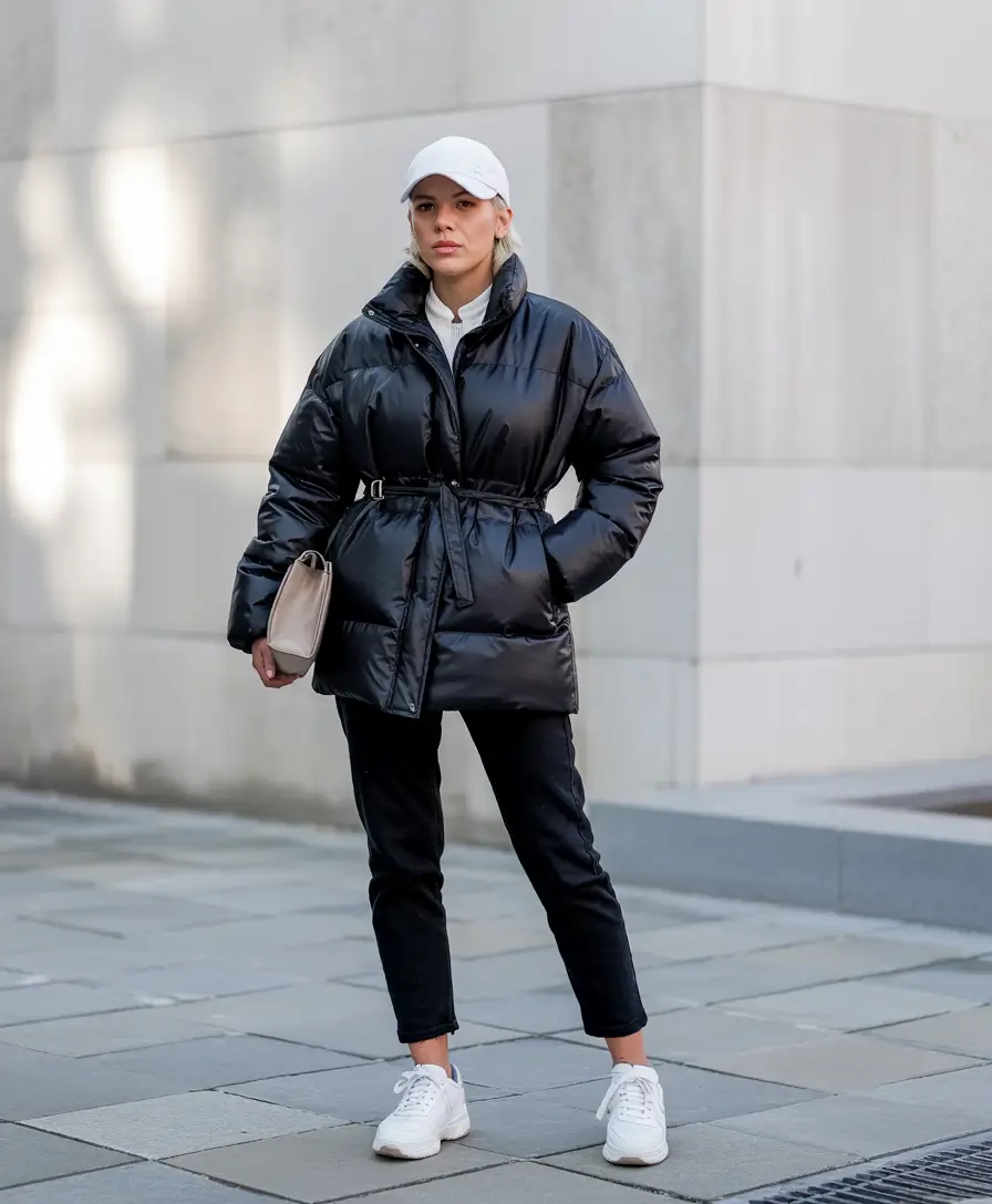 puffer jacket outfit Belted Black Elegance