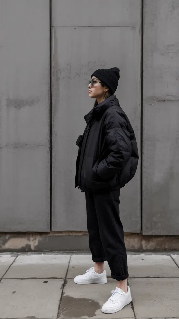 puffer jacket outfit Monochrome Blackout
