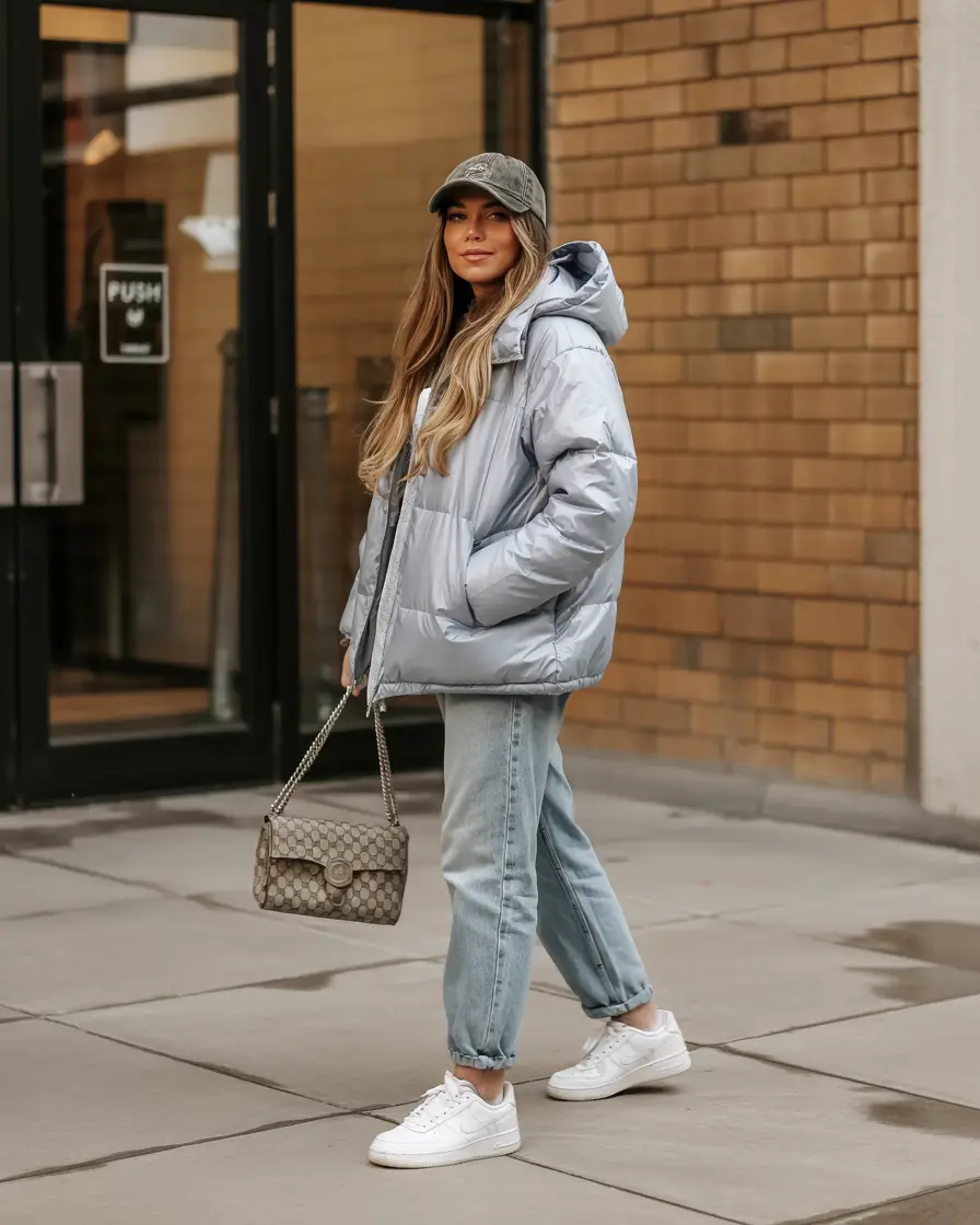 puffer jacket outfit Shiny Metallic Edge