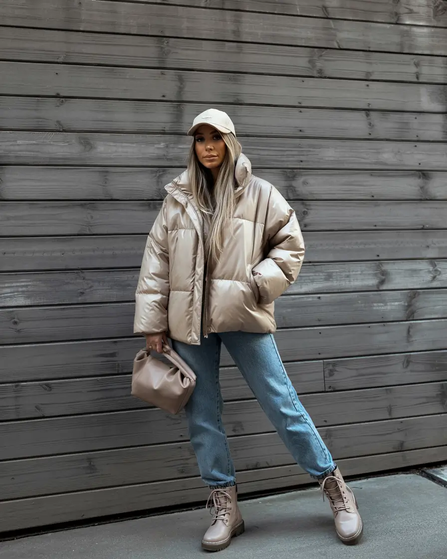 puffer jacket outfit Beige and Denim Balance