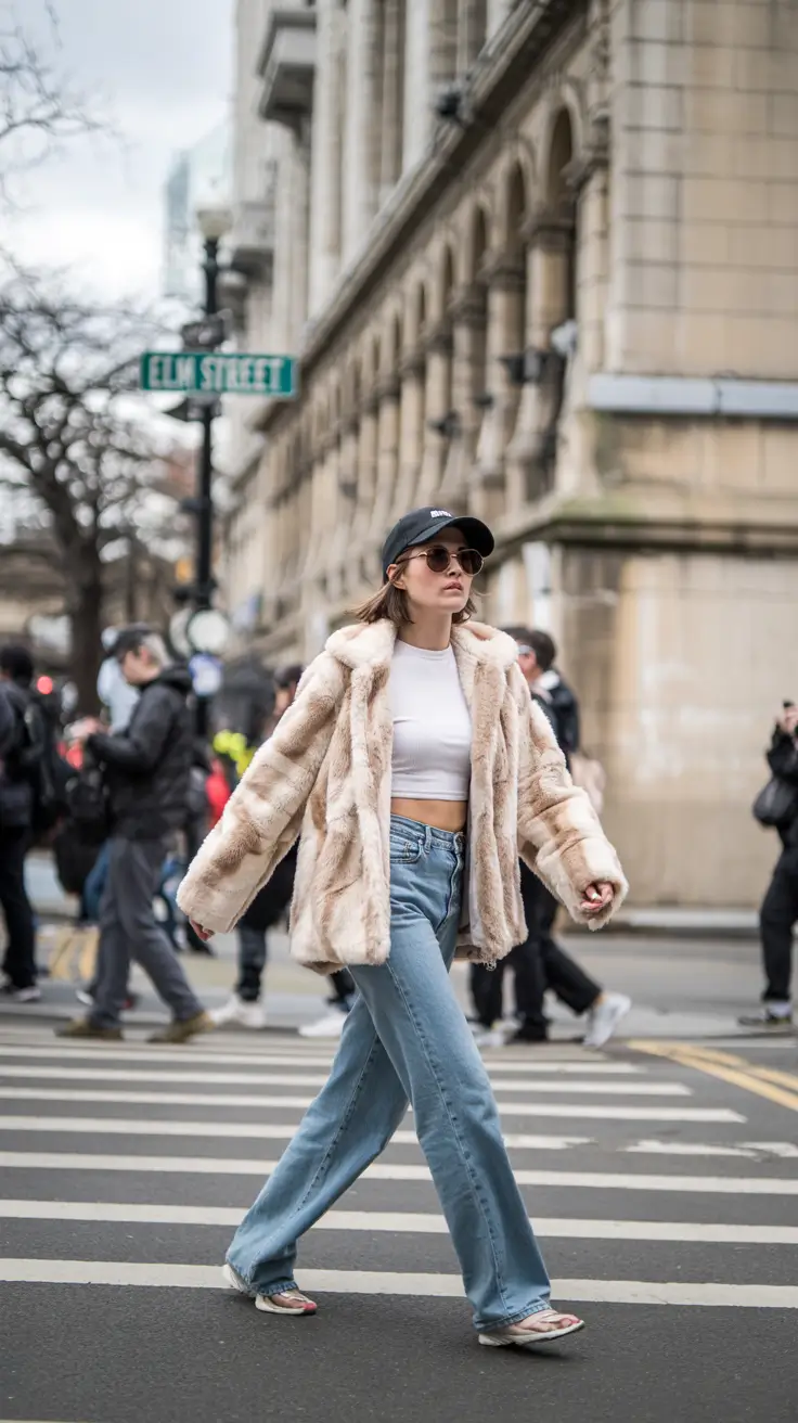 winter fashion outfits casual Street-Chic Faux Fur and Denim Mix