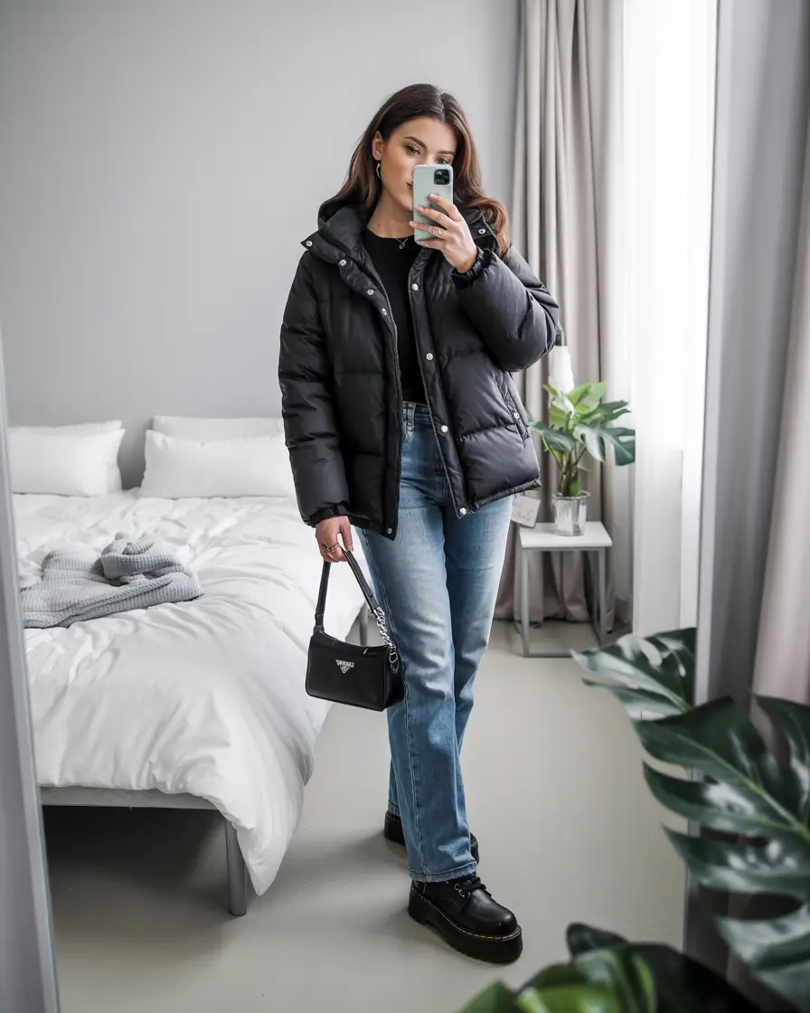 winter fashion outfits casual Black Puffer Cool with Everyday Denim
