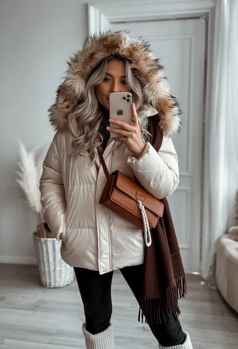 winter fashion outfits cold Cozy White Puffer with Fur-Trimmed Hood