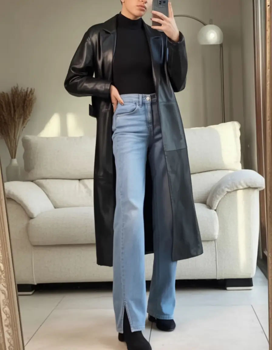 winter fashion outfits classy Leather Trench Power with Denim Contrast