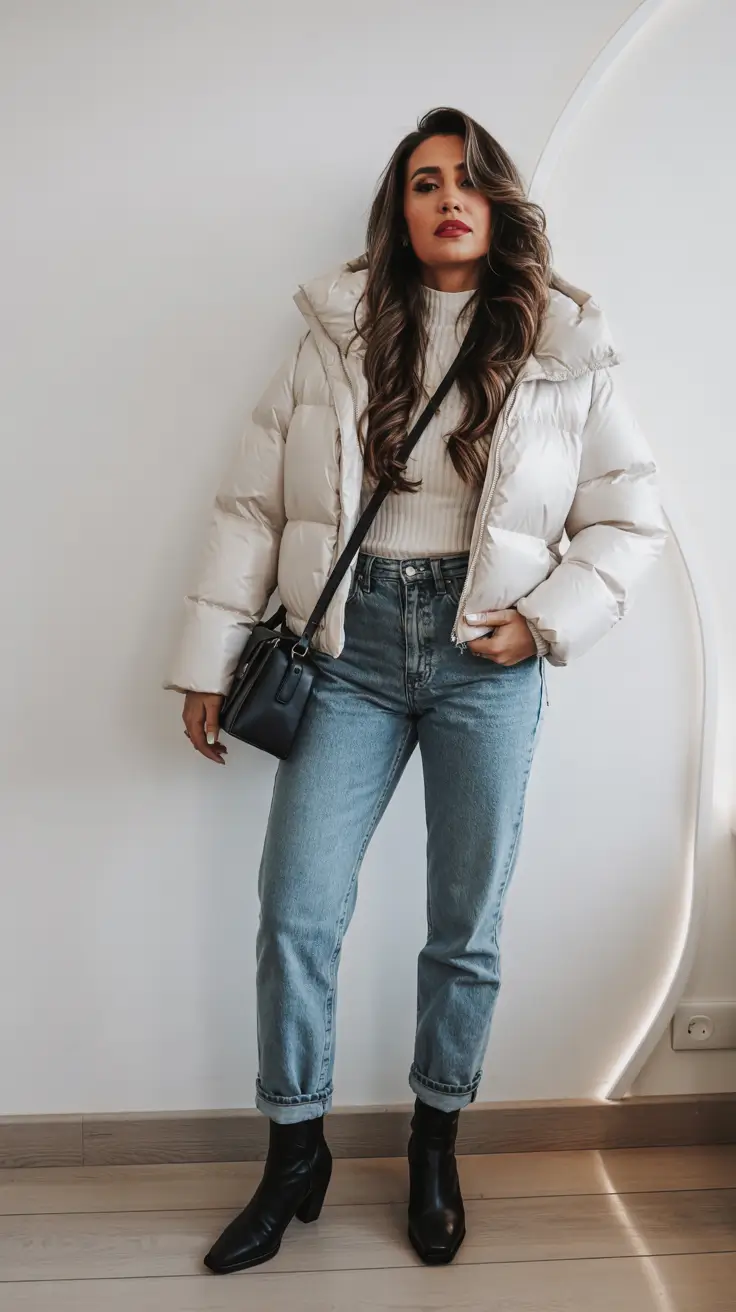 winter fashion outfits casual Winter White Puffer with Denim and Boots