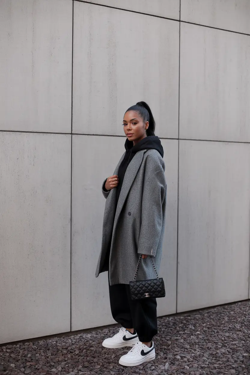 winter fashion outfits black women Relaxed Gray Coat with Sporty Elements