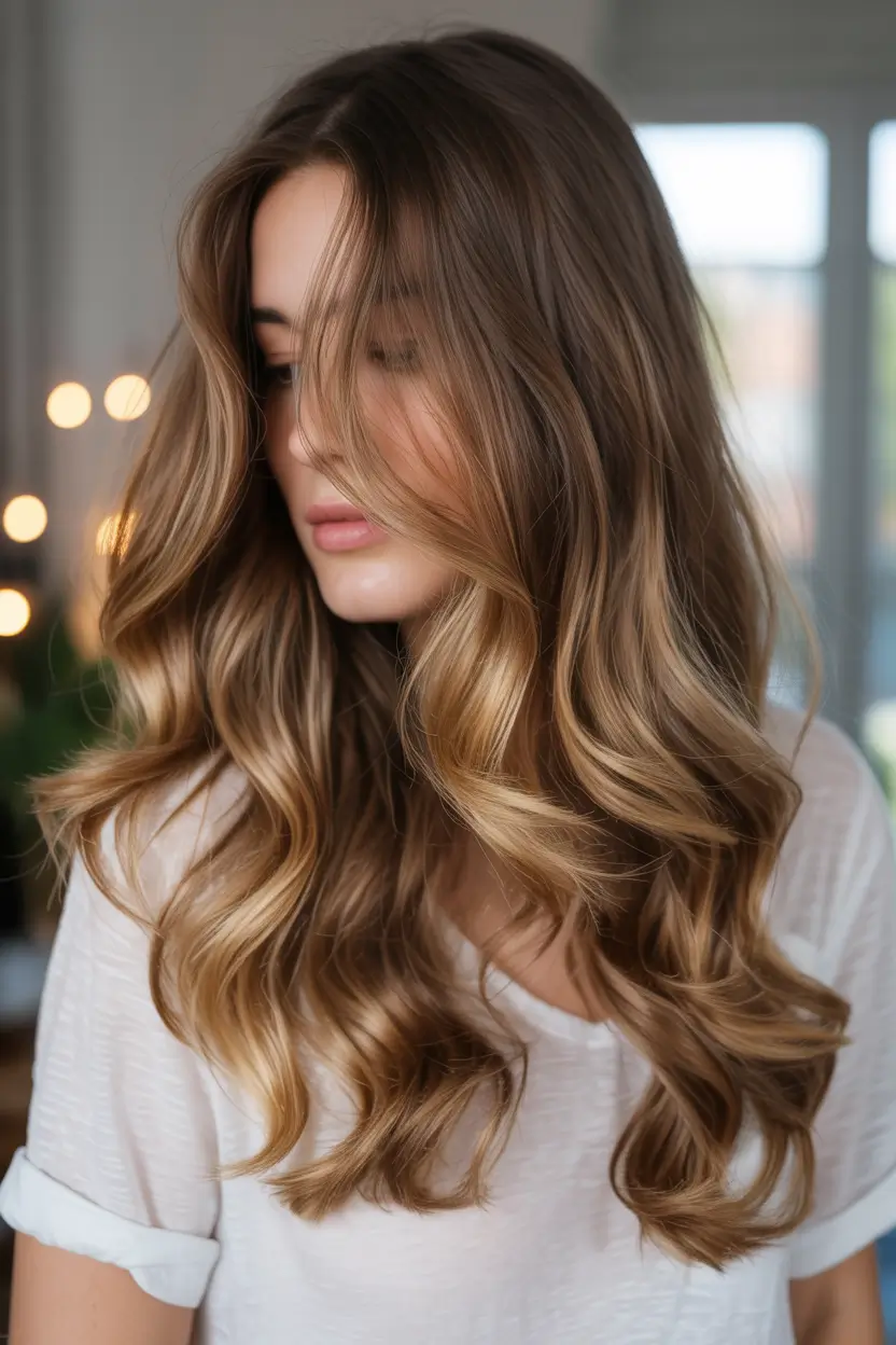 winter hair colors 2025 2026 for brunettes Golden Balayage with Flowing Waves