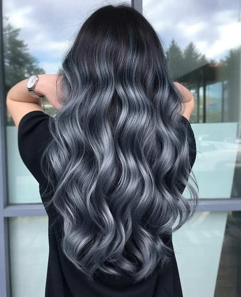 winter hair colors 2025 2026 for brunettes Steel Blue Ombre Waves