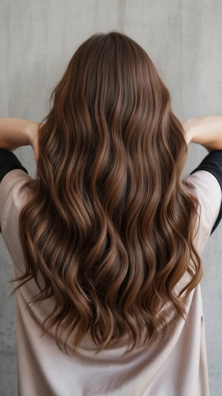 winter hair colors 2025 2026 for brunettes Classic Cocoa Brown with Soft Waves