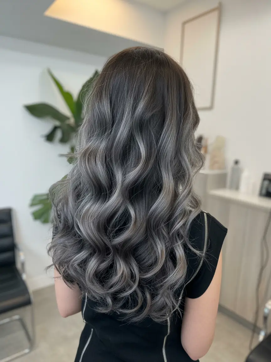 winter hair colors for brunettes 2025 Charcoal Gray Balayage Waves