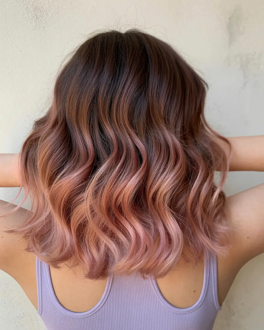 winter hair colors 2025 2026 for brunettes Rosy Balayage on Medium Length Waves
