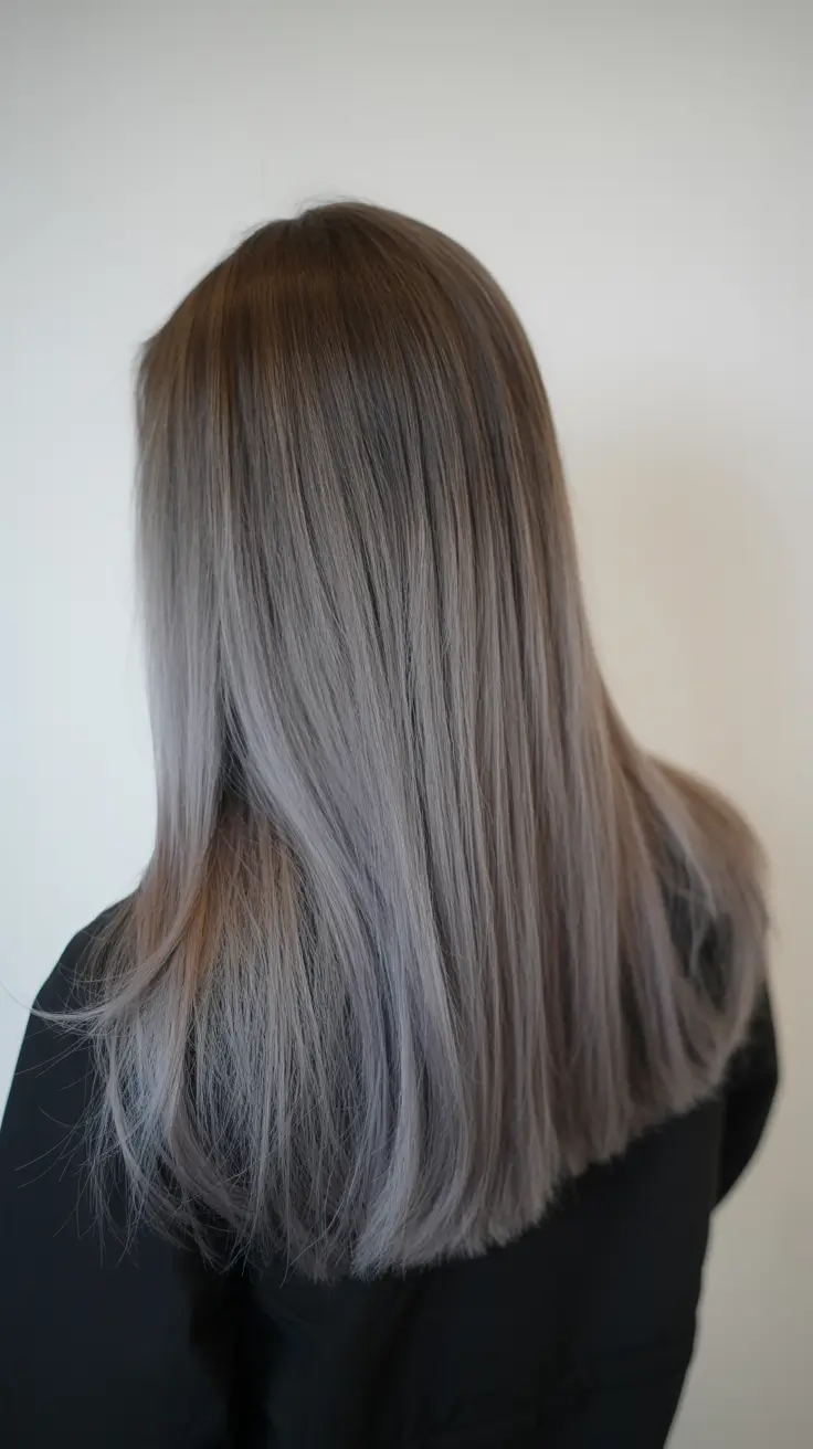 winter hair colors 2025 2026 for brunettes Smoky Gray Brunette with Straight Finish