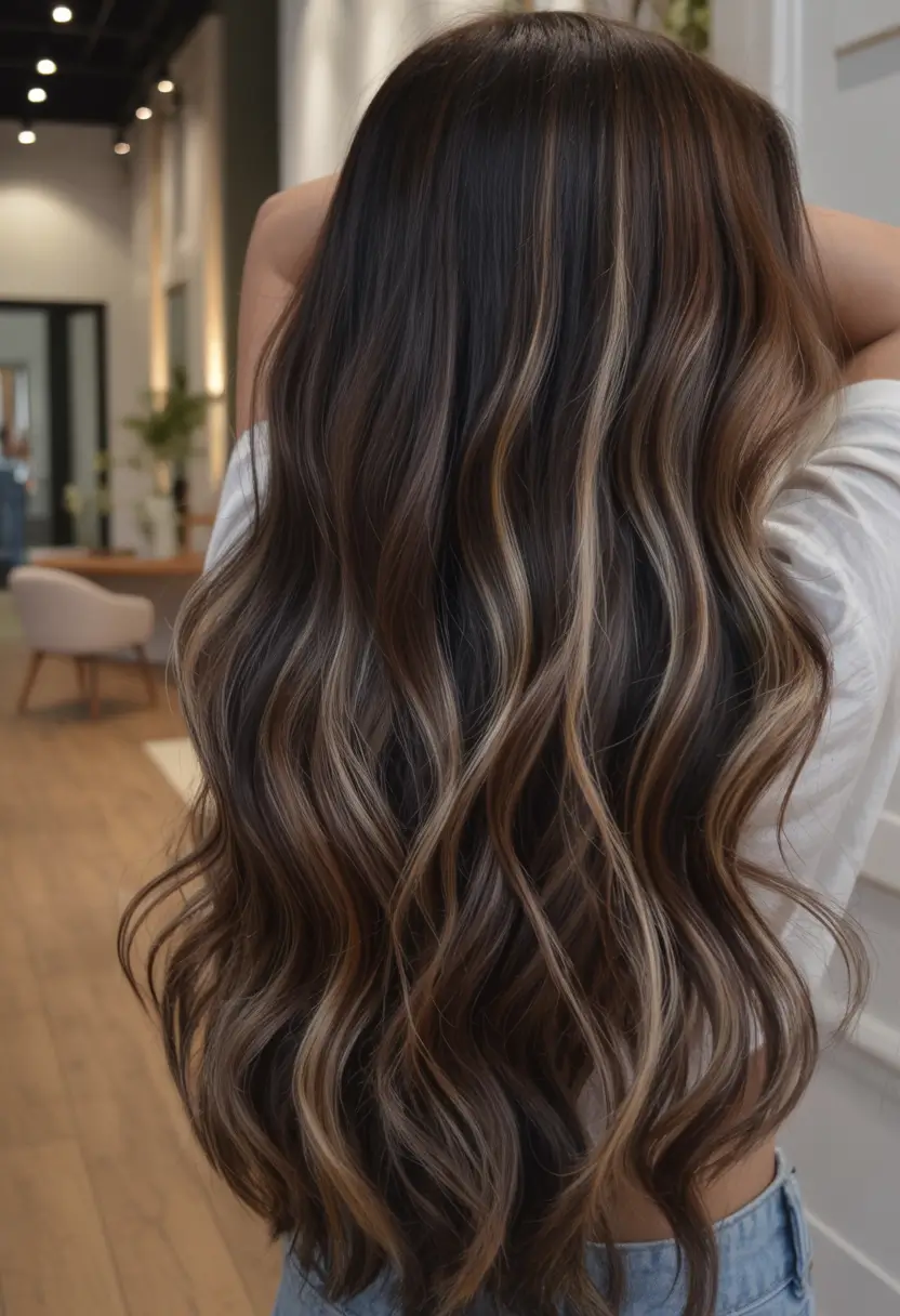 winter hair colors 2025 2026 for brunettes Glossy Long Layers with Caramel Highlights